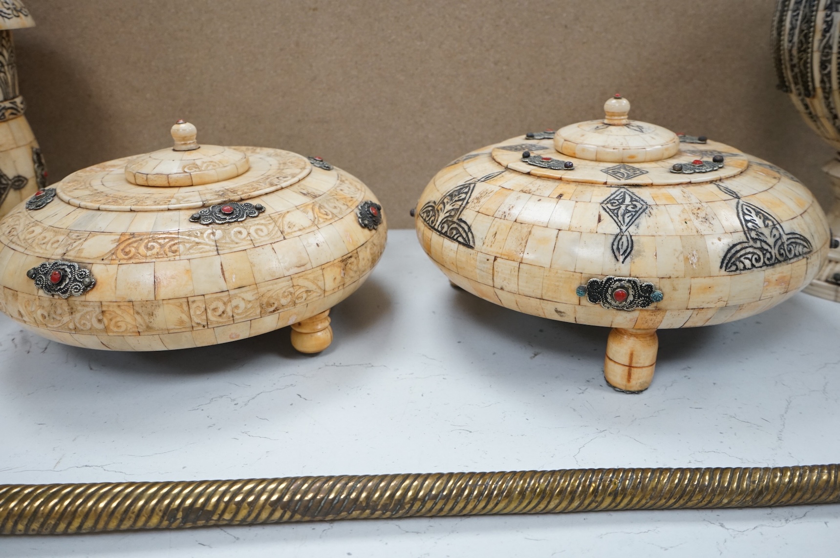 Four Indian camel bone veneered vases and boxes, tallest 30cm high